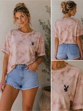 Playboy x Missguided Tie Dye Graphic Tee Medium Pink Oversized Y2K T Shirt